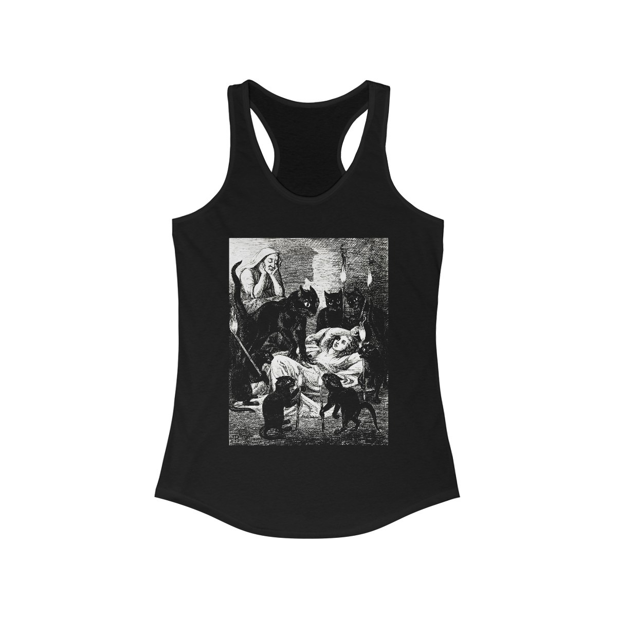 Black Cat Cult – Cats Guarding The Sick Witch 1855 Jane Blackburn Vintage Illustration - Racerback Tank - Image 6