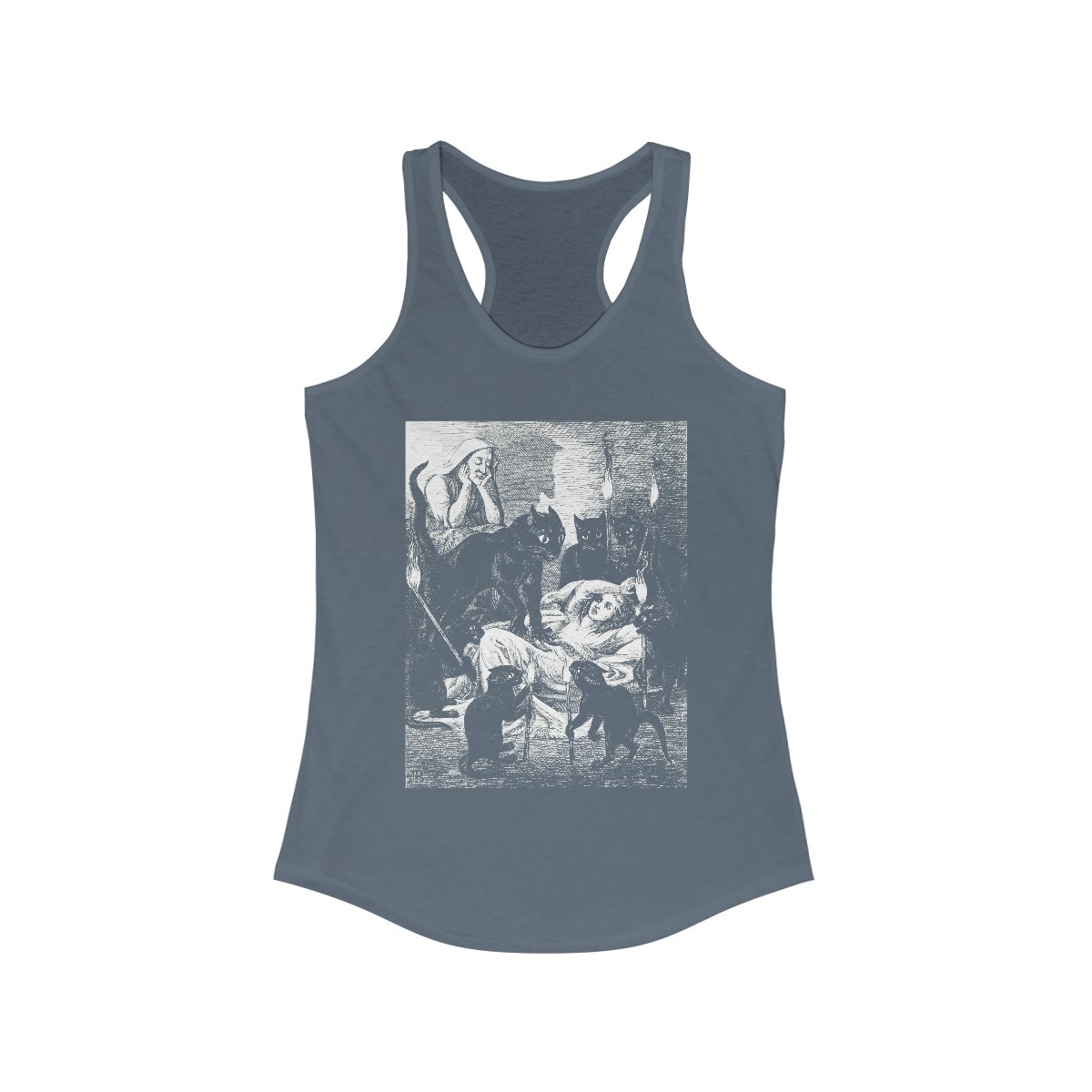 Black Cat Cult – Cats Guarding The Sick Witch 1855 Jane Blackburn Vintage Illustration - Racerback Tank - Image 3