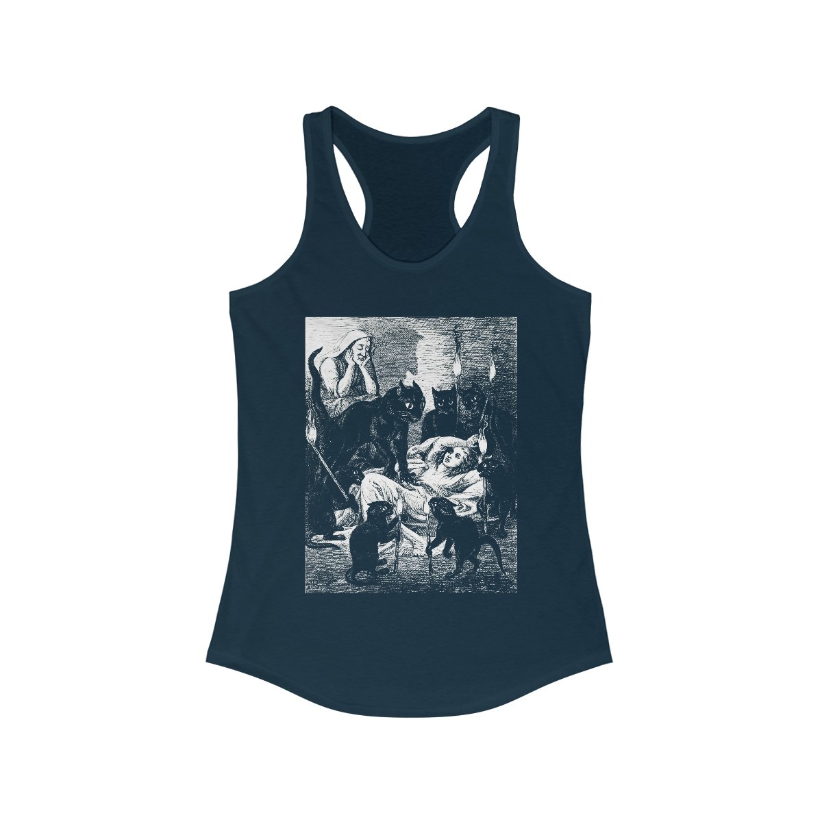 Black Cat Cult – Cats Guarding The Sick Witch 1855 Jane Blackburn Vintage Illustration - Racerback Tank - Image 4