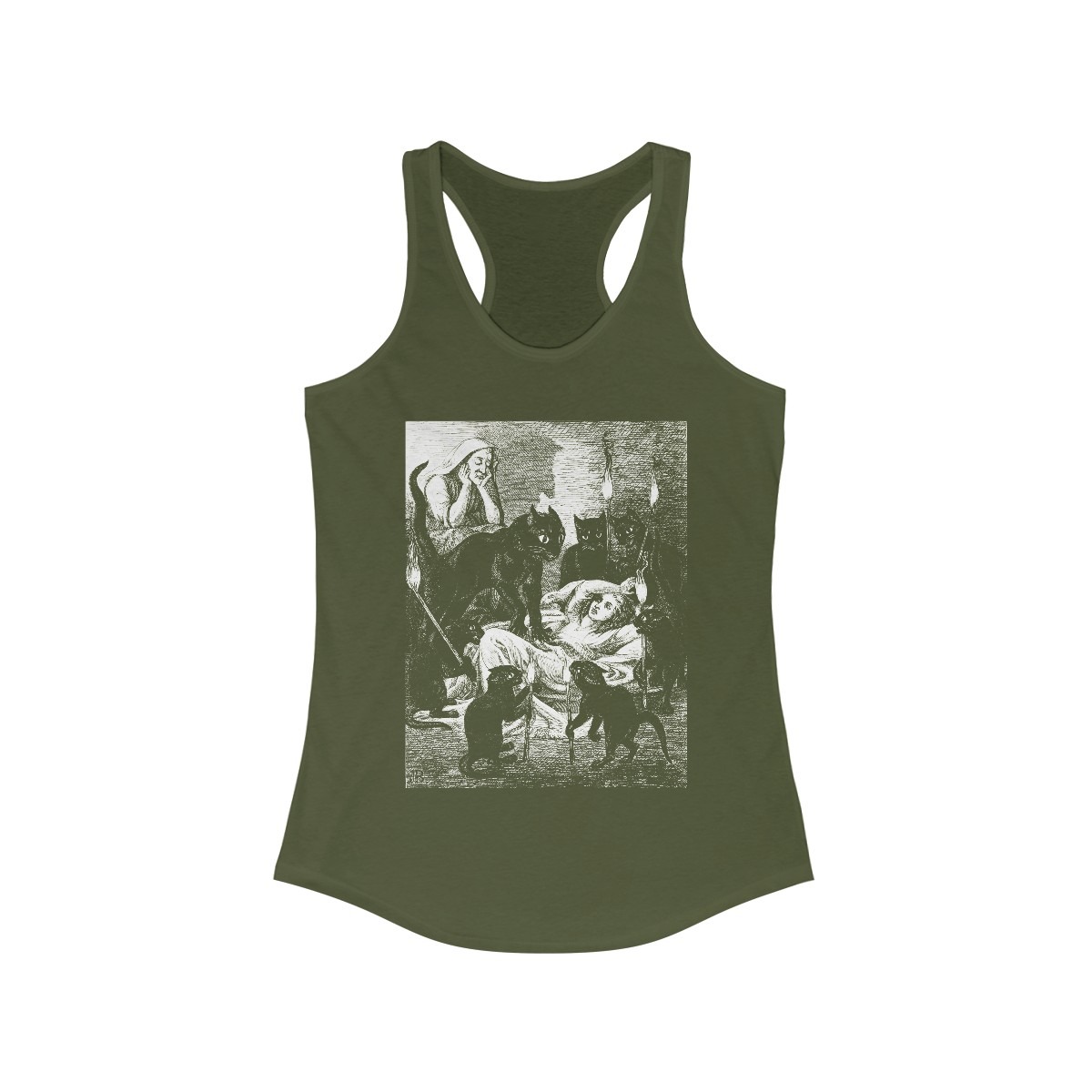 Black Cat Cult – Cats Guarding The Sick Witch 1855 Jane Blackburn Vintage Illustration - Racerback Tank - Image 2