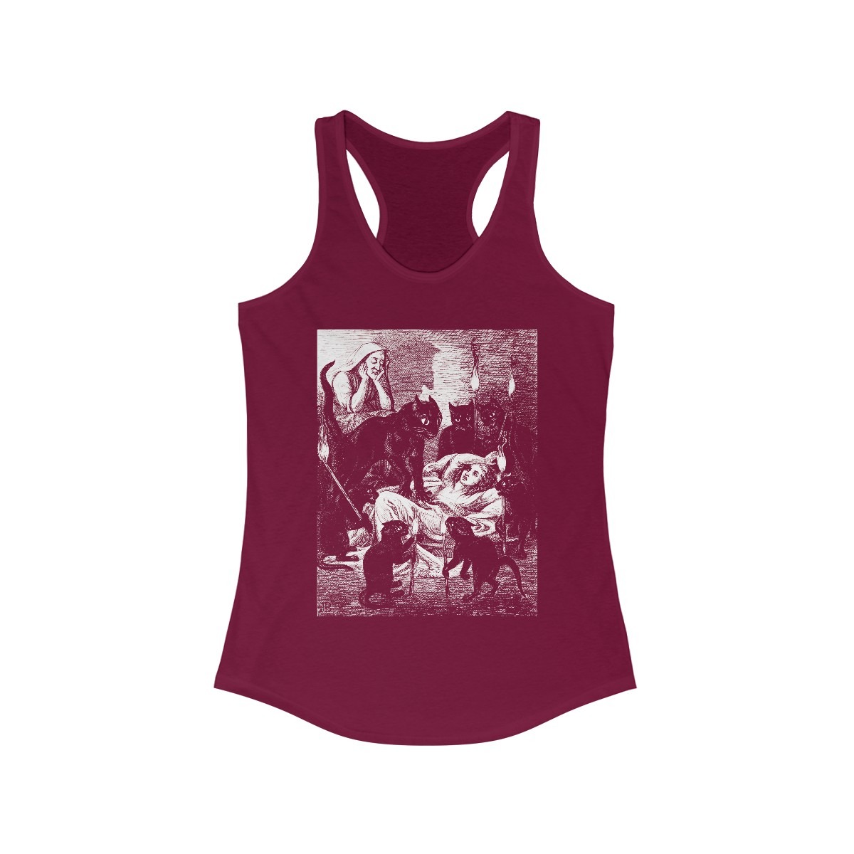 Black Cat Cult – Cats Guarding The Sick Witch 1855 Jane Blackburn Vintage Illustration - Racerback Tank - Image 5