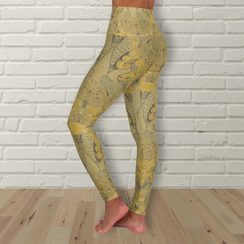 Gold Art Nouveau Peacocks - Gordijnstof - Pauw en kamperfoelie - P.F. van Vlissingen & Co - 1895 Vintage Textile Pattern - High Waisted Yoga Leggings