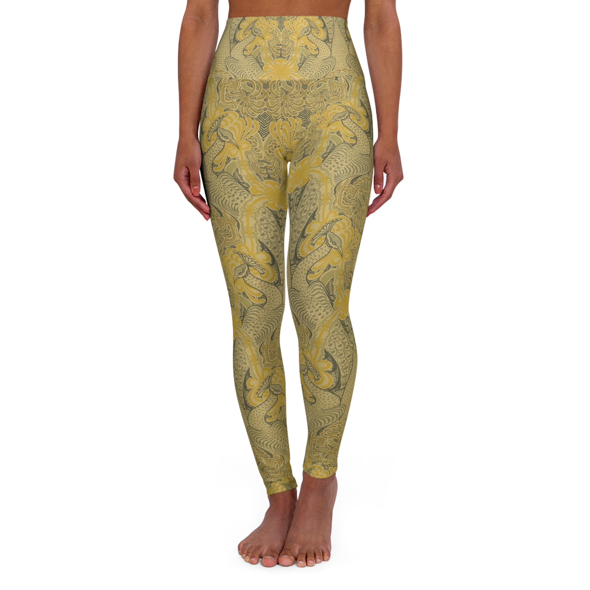 Gold Art Nouveau Peacocks - Gordijnstof - Pauw en kamperfoelie - P.F. van Vlissingen & Co - 1895 Vintage Textile Pattern - High Waisted Yoga Leggings - Image 2