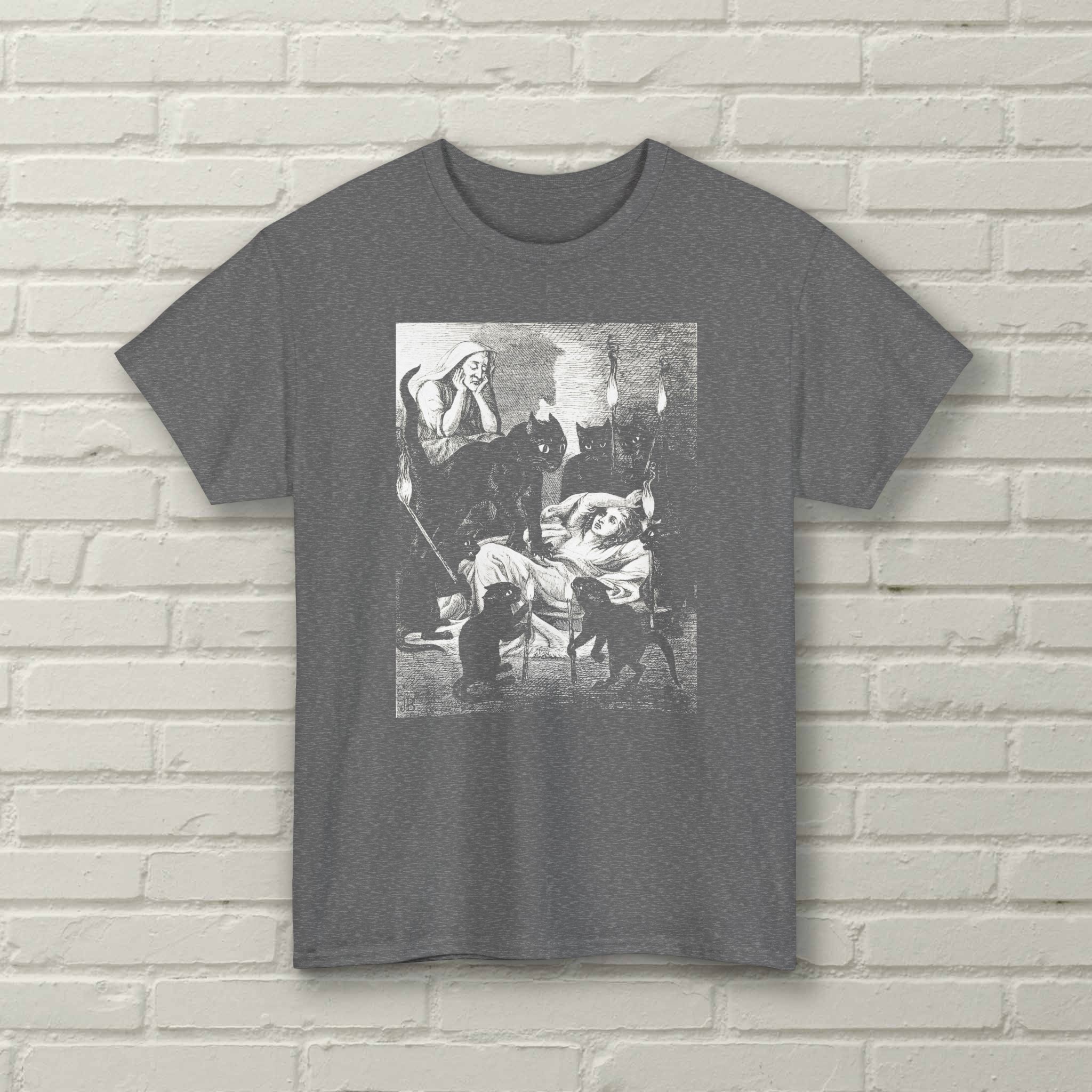 Black Cat Cult - Cats Guarding The Sick Witch 1855 Jane Blackburn Vintage Illustration - Unisex Tshirt - Image 6