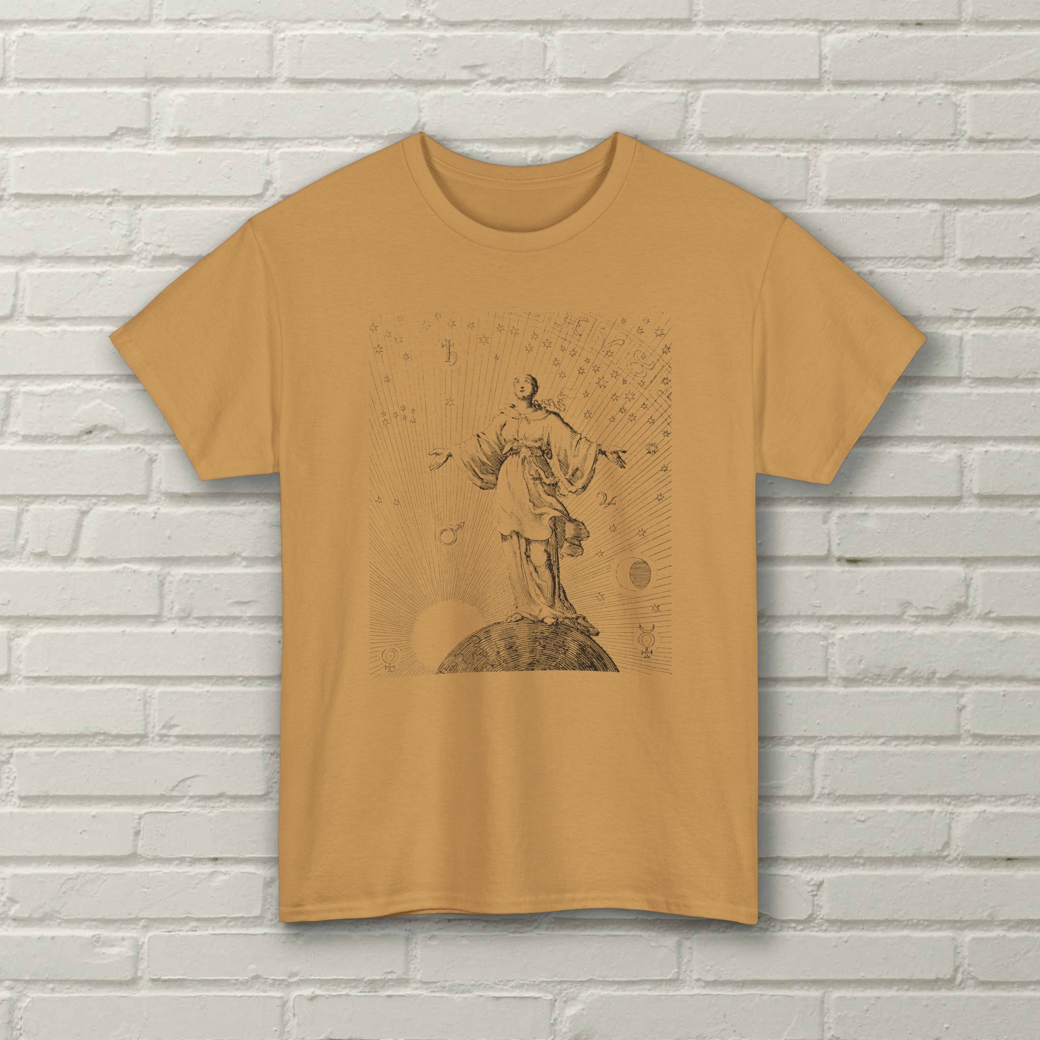 Woman standing on a globe, surrounded by the sun, moon, stars and planets Jan Luyken, 1687 - Unisex T-shirt - Image 5