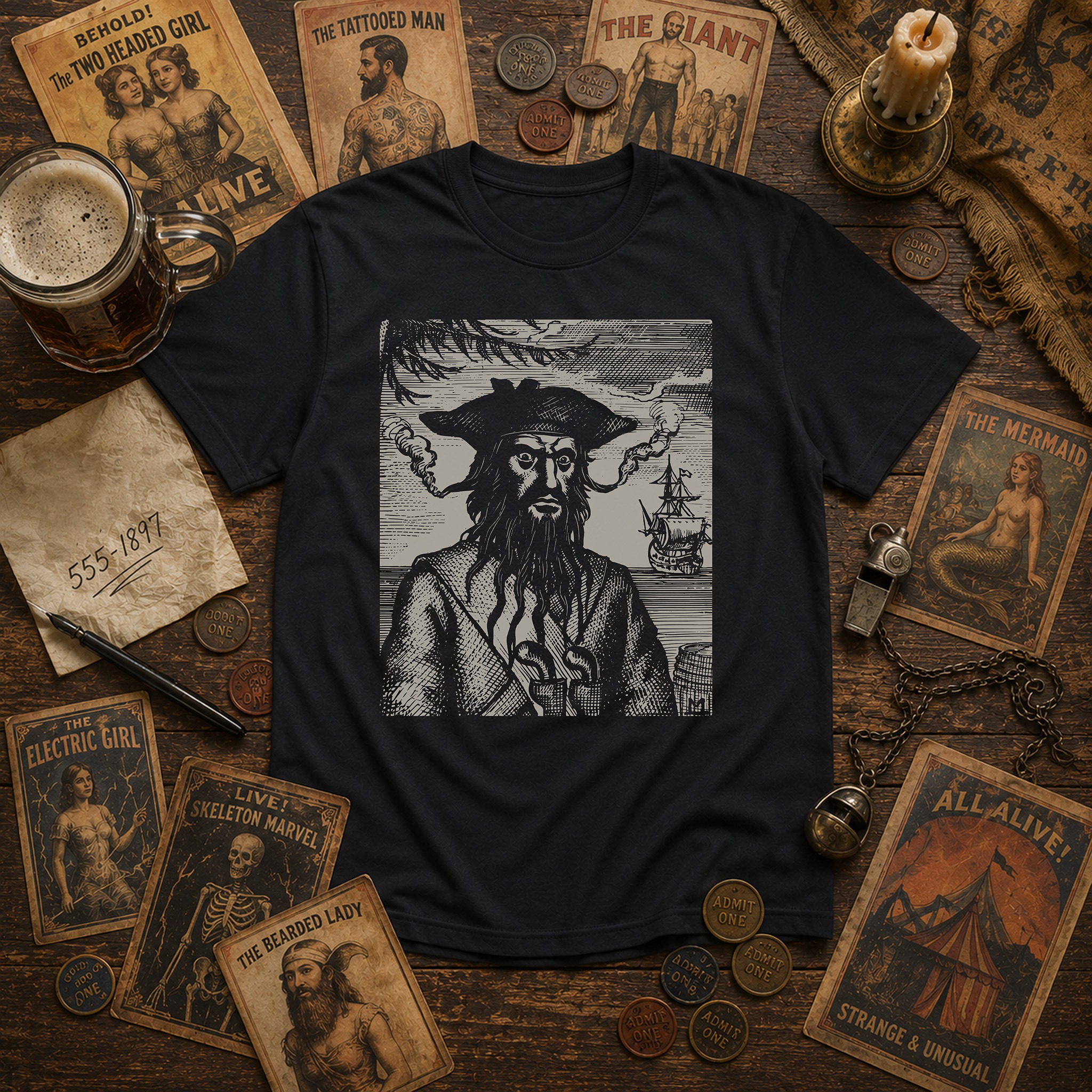 Blackbeard Vintage Pirate Shirt | Historical Maritime Engraving | Nautical History - Unisex Tshirt - Image 5
