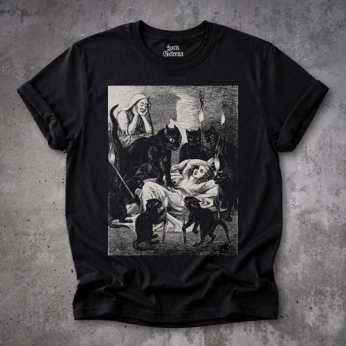 Black Cat Cult - Cats Guarding The Sick Witch 1855 Illustration | Vintage Gothic Witch Unisex Tshirt