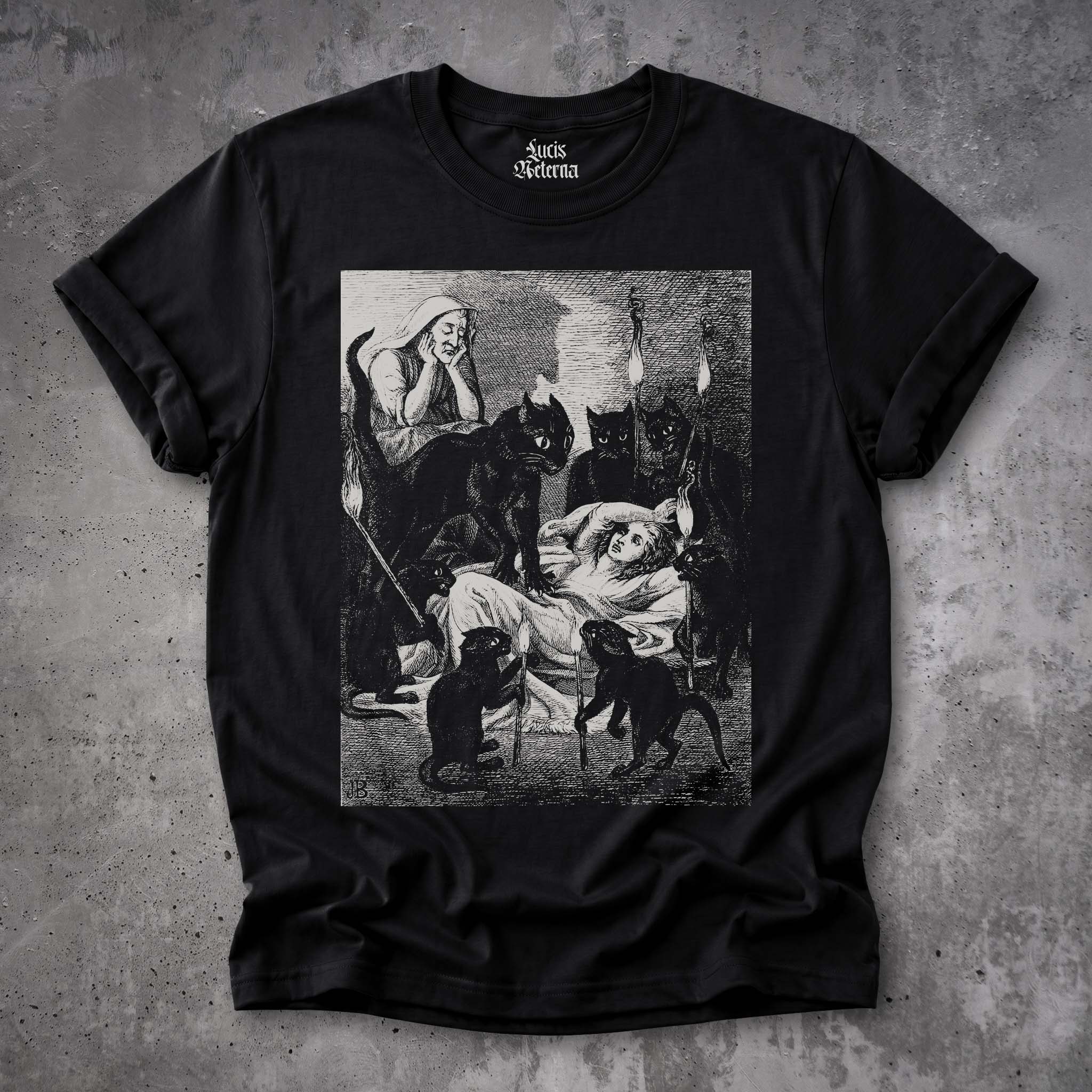 Black Cat Cult - Cats Guarding The Sick Witch 1855 Illustration | Vintage Gothic Witch Unisex Tshirt