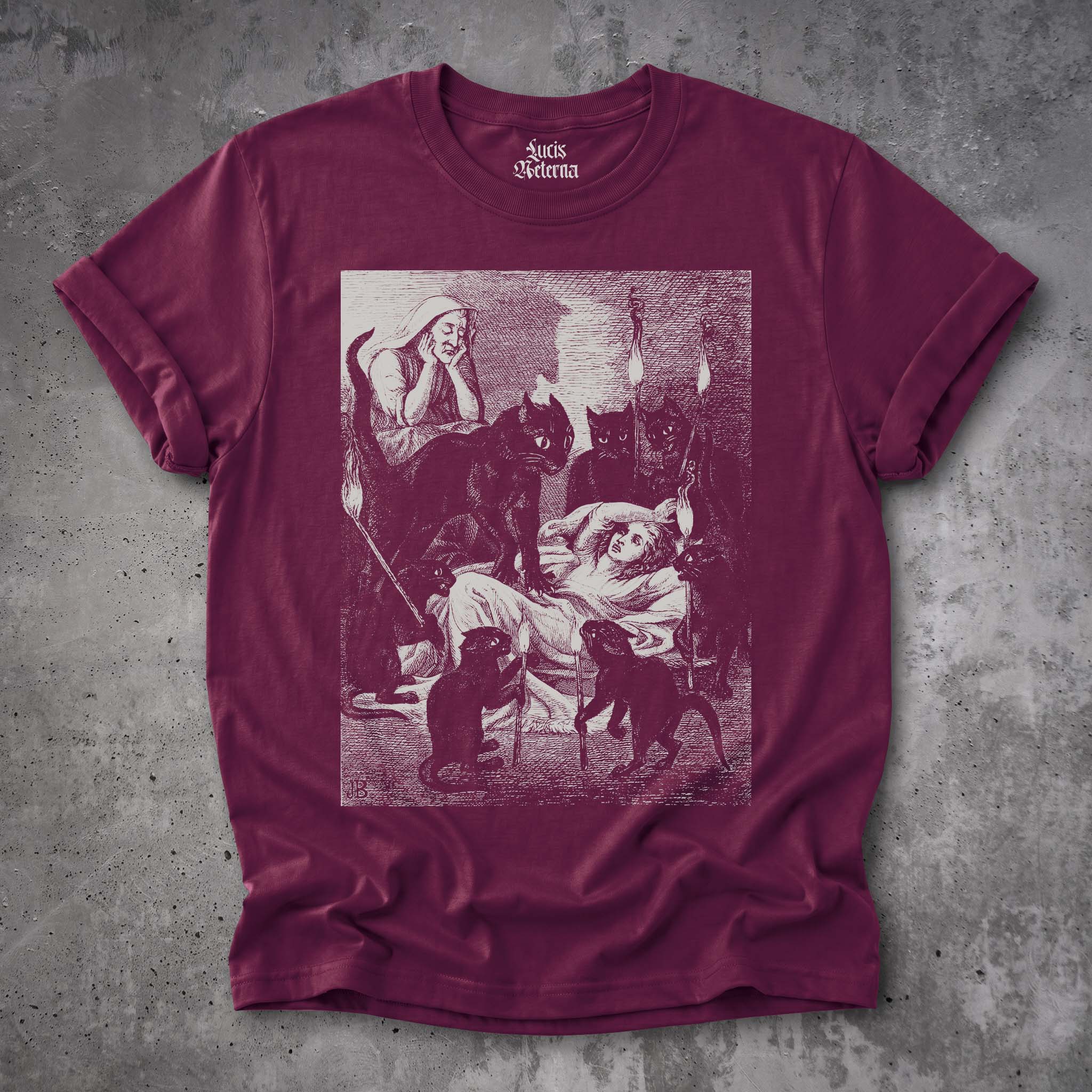 Black Cat Cult - Cats Guarding The Sick Witch 1855 Illustration | Vintage Gothic Witch Unisex Tshirt - Image 2