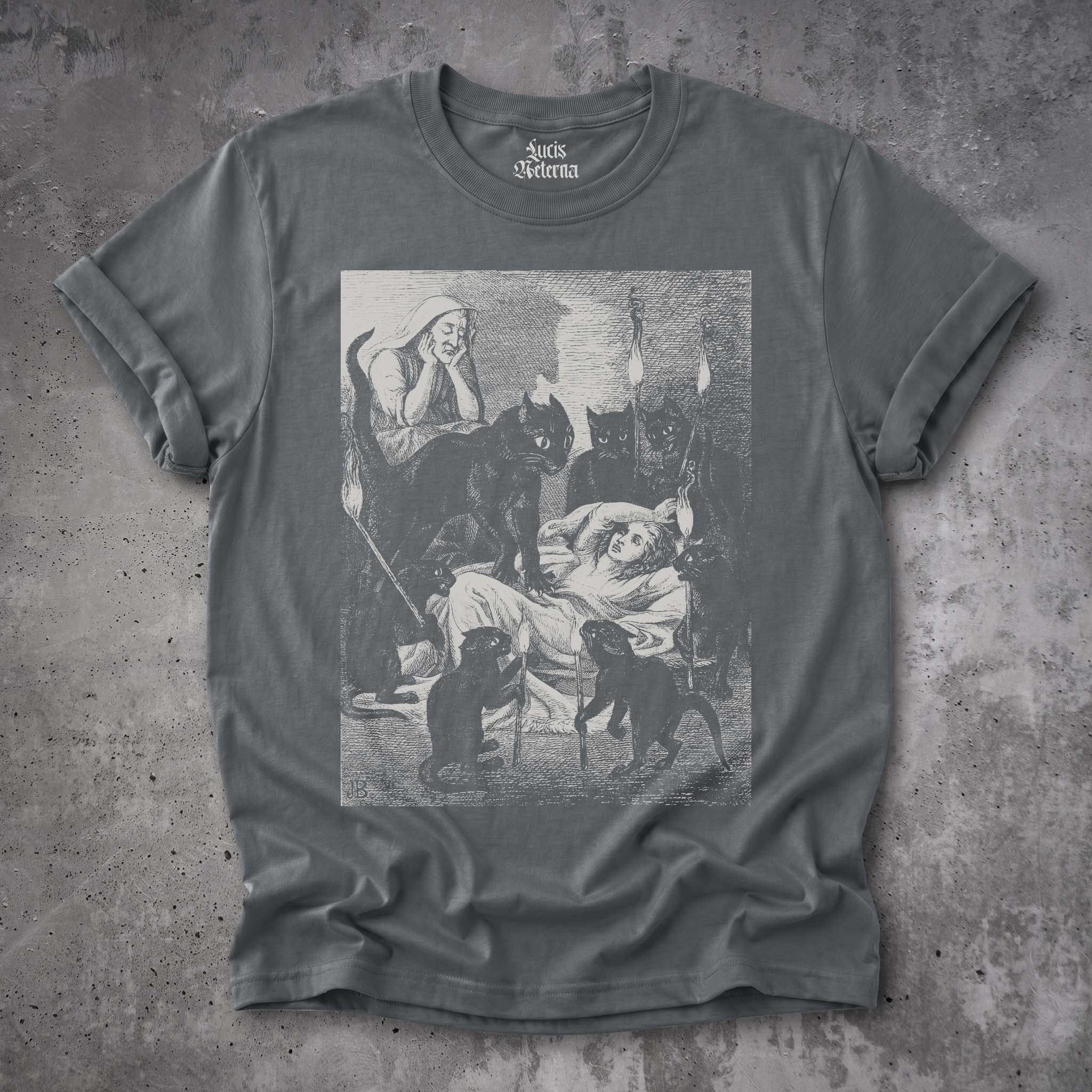 Black Cat Cult - Cats Guarding The Sick Witch 1855 Illustration | Vintage Gothic Witch Unisex Tshirt - Image 3