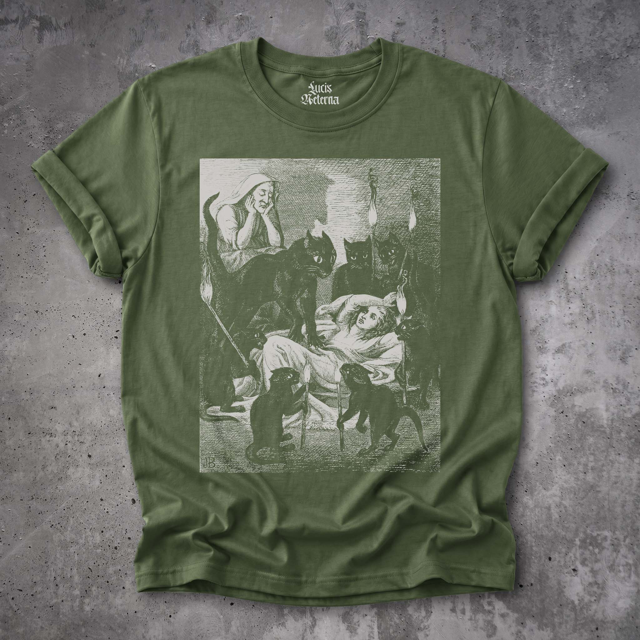 Black Cat Cult - Cats Guarding The Sick Witch 1855 Illustration | Vintage Gothic Witch Unisex Tshirt - Image 4