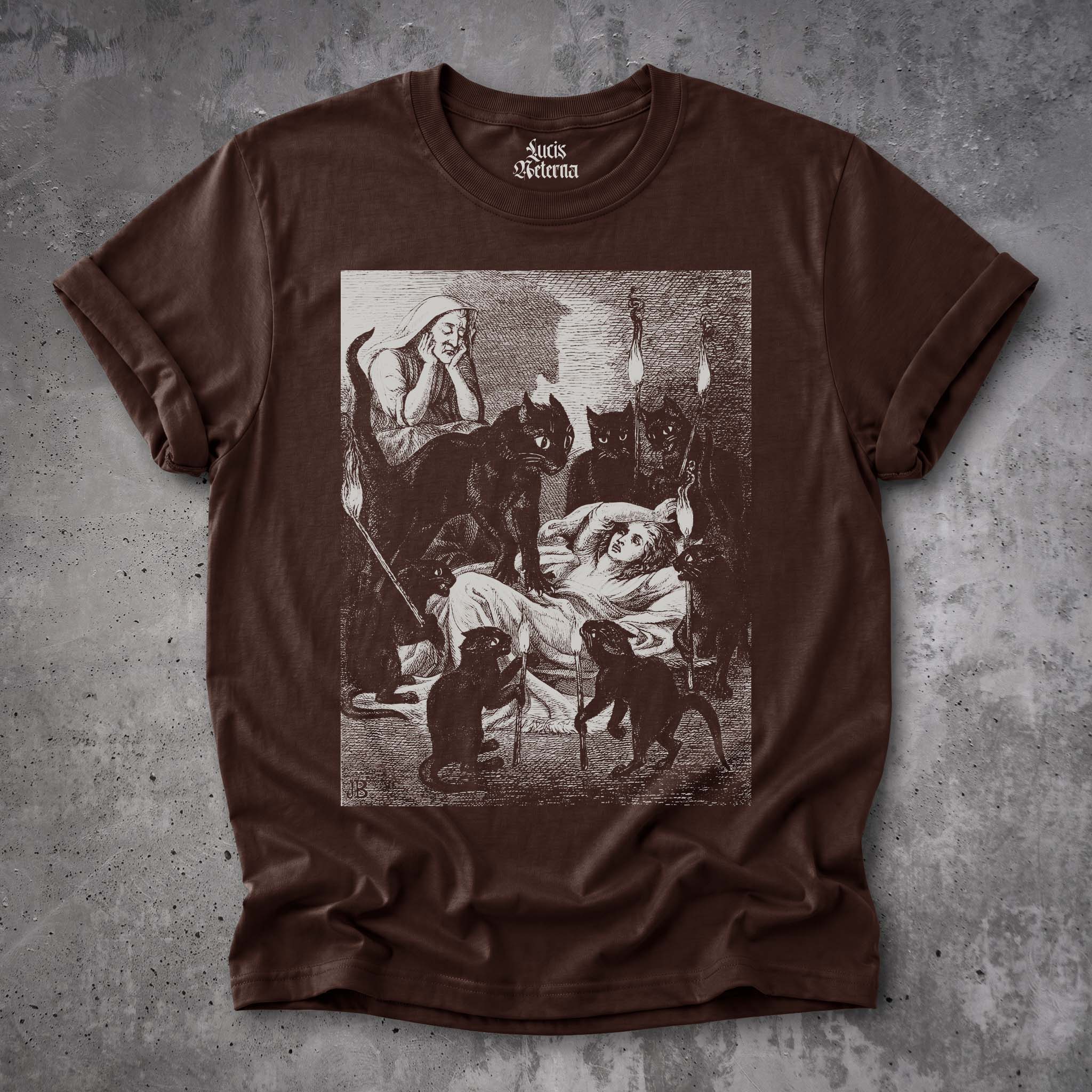 Black Cat Cult - Cats Guarding The Sick Witch 1855 Illustration | Vintage Gothic Witch Unisex Tshirt - Image 5
