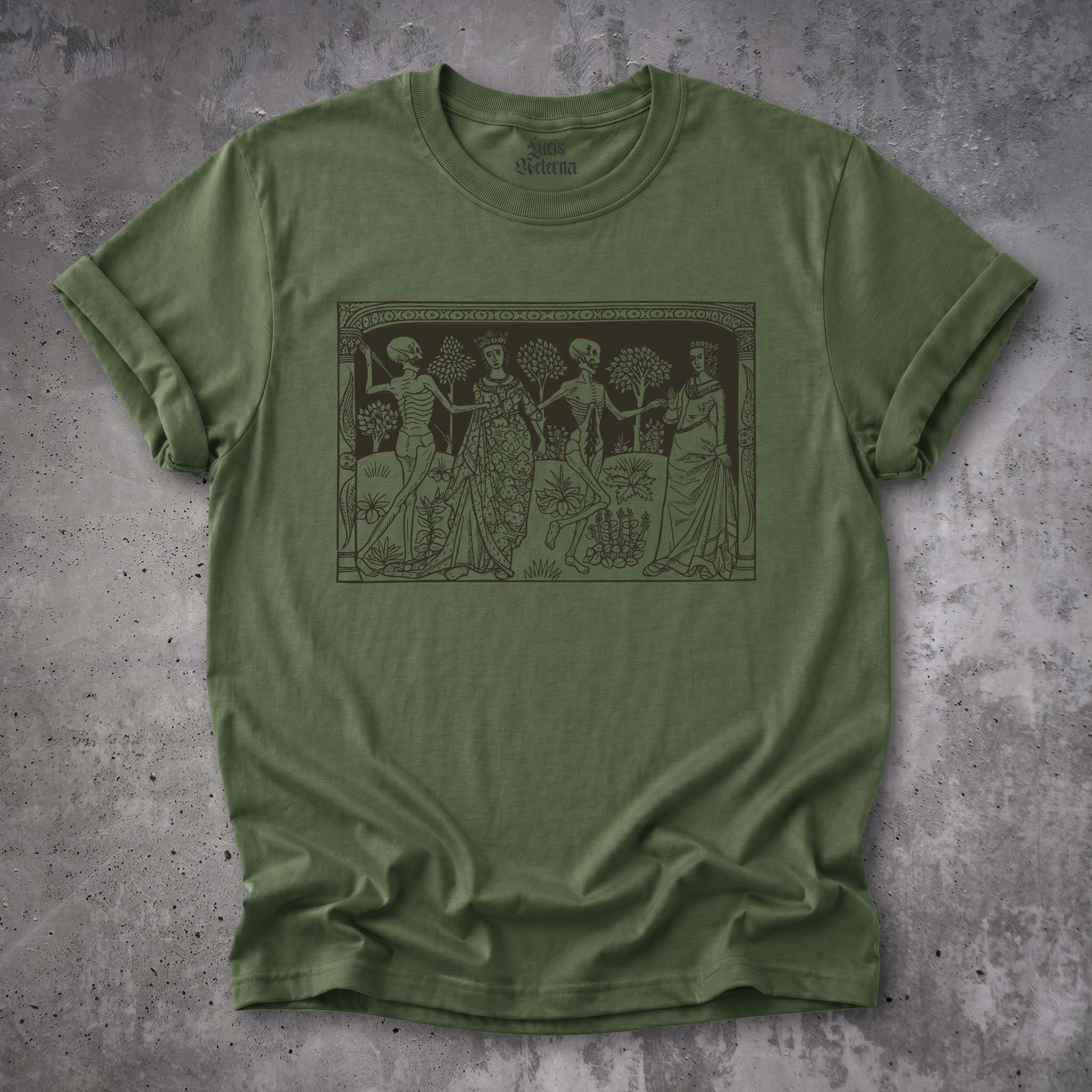 Danse Macabre Shirt | Death and the Ladies | Medieval Skeleton Woodcut Unisex T-shirt - Image 3