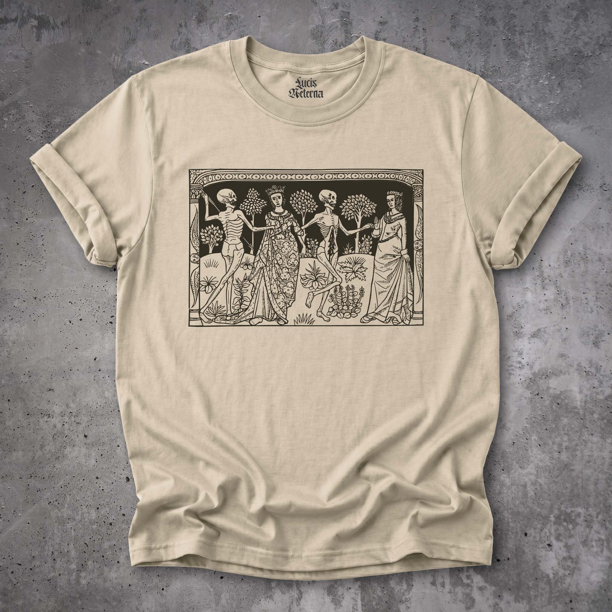 Danse Macabre Shirt | Death and the Ladies | Medieval Skeleton Woodcut Unisex T-shirt - Image 5