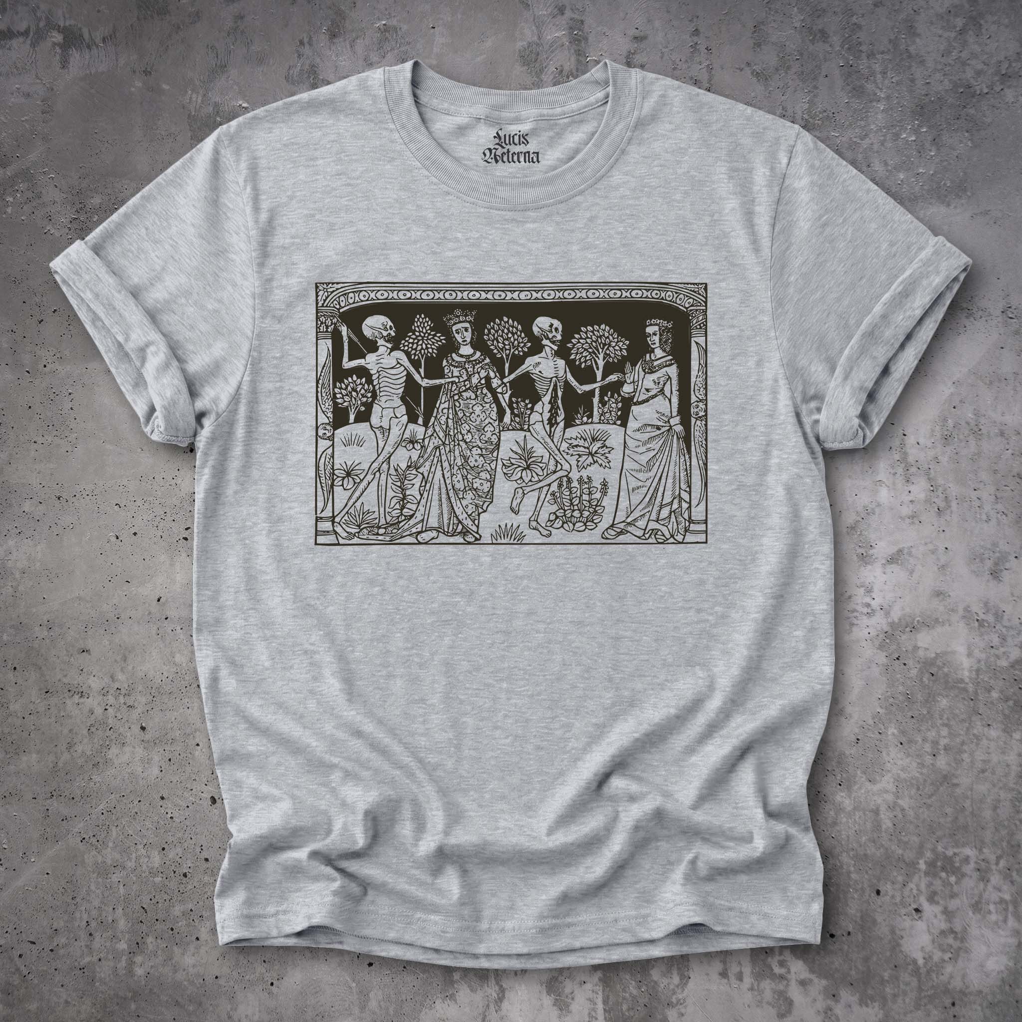 Danse Macabre Shirt | Death and the Ladies | Medieval Skeleton Woodcut Unisex T-shirt - Image 7