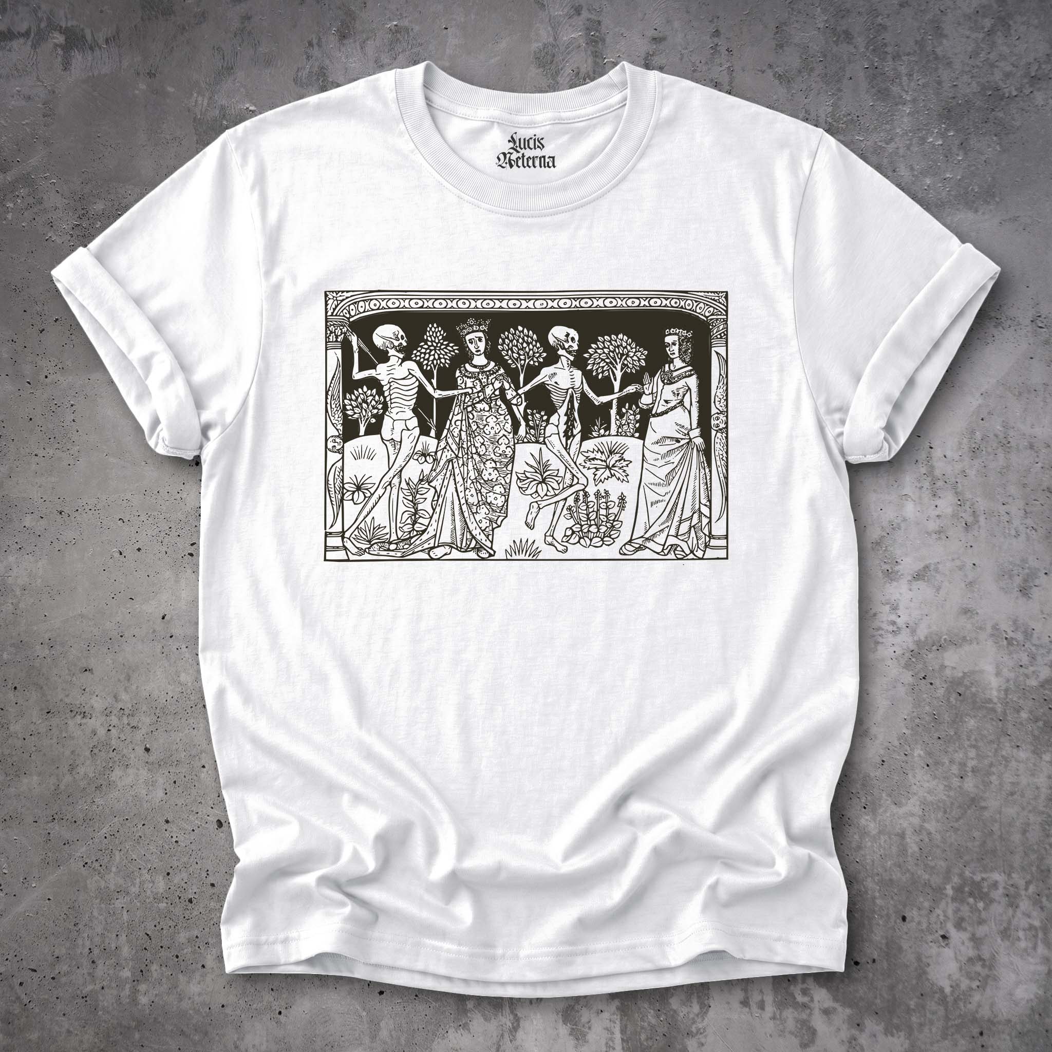 Danse Macabre Shirt | Death and the Ladies | Medieval Skeleton Woodcut Unisex T-shirt - Image 8