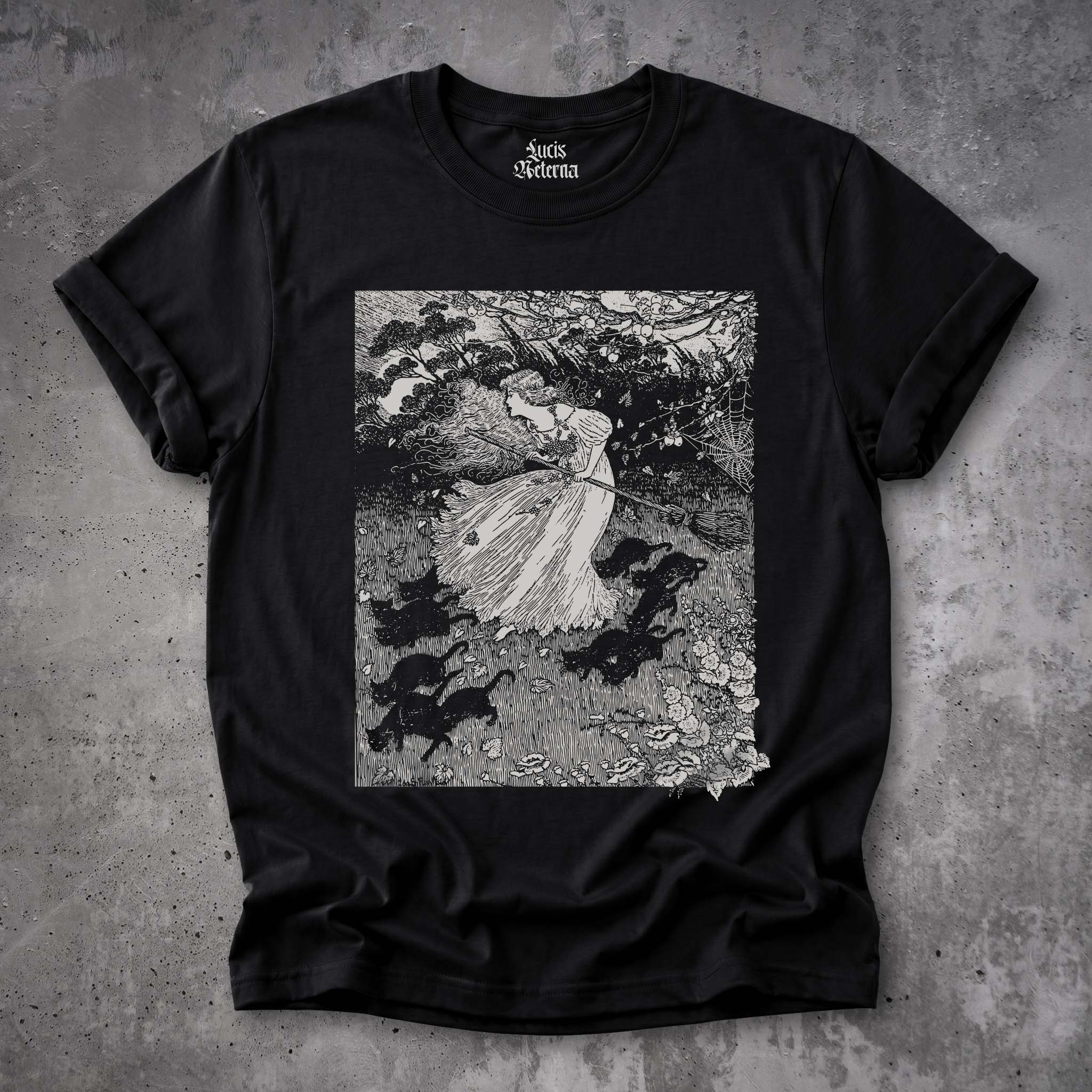 Witch And Cats Vintage Ida Outhwaite Woodcut Unisex T-shirt