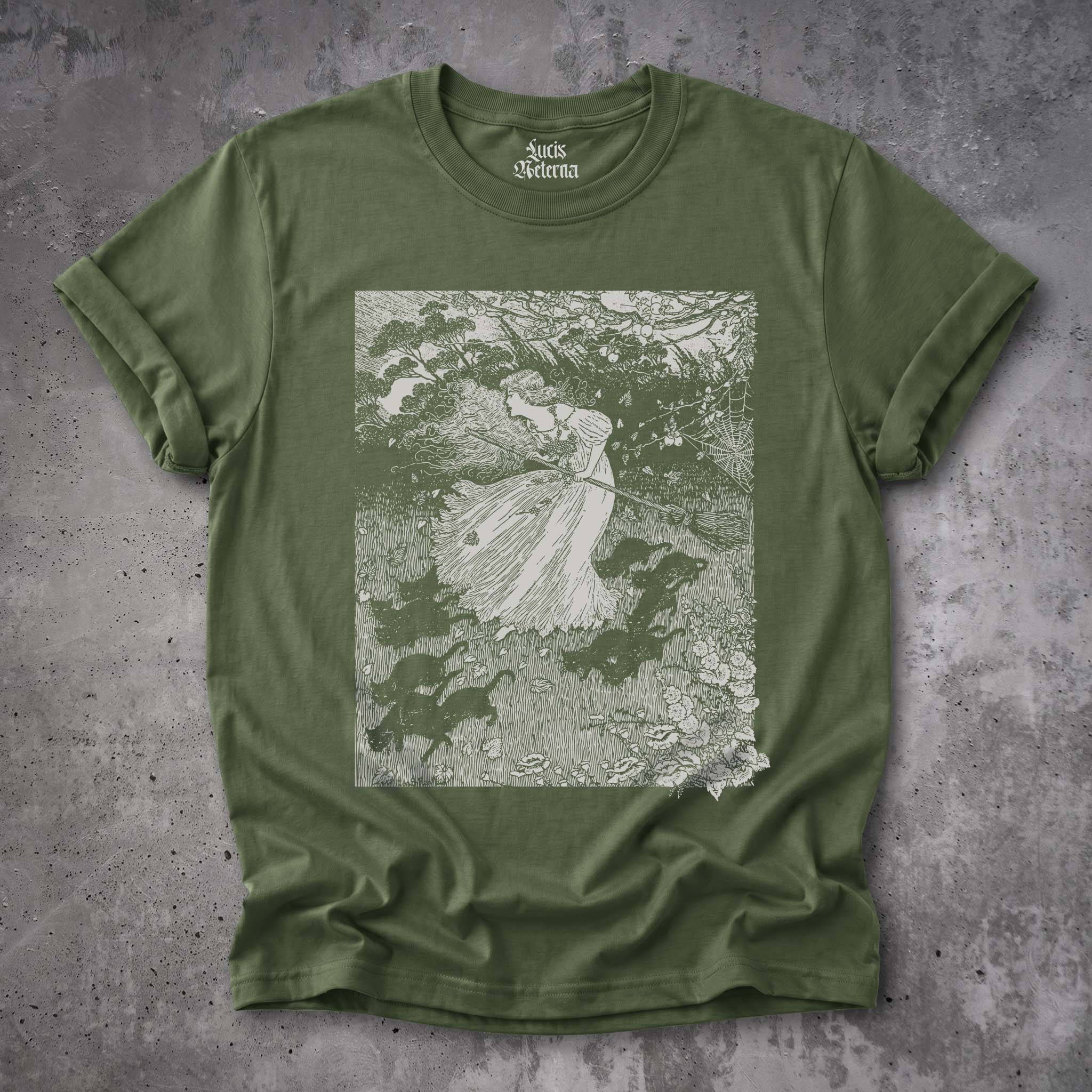 Witch And Cats Vintage Ida Outhwaite Woodcut Unisex T-shirt - Image 2
