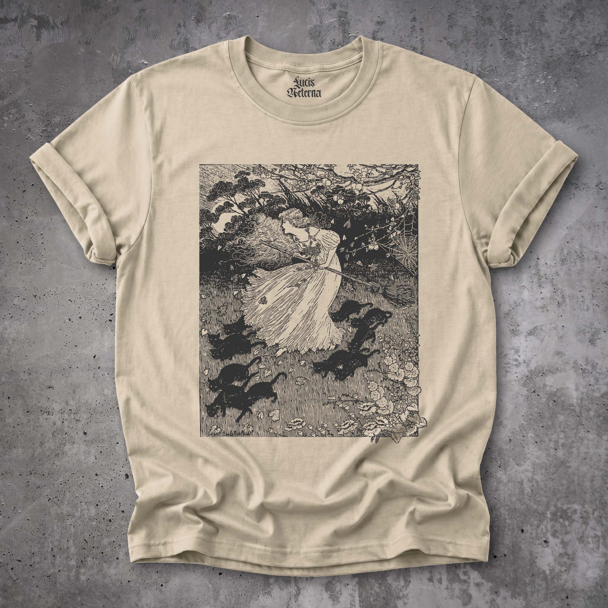 Witch And Cats Vintage Ida Outhwaite Woodcut Unisex T-shirt - Image 3