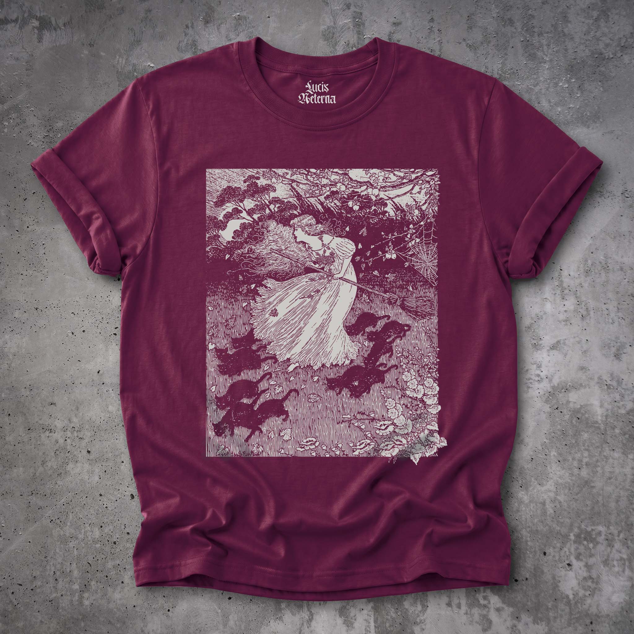 Witch And Cats Vintage Ida Outhwaite Woodcut Unisex T-shirt - Image 6