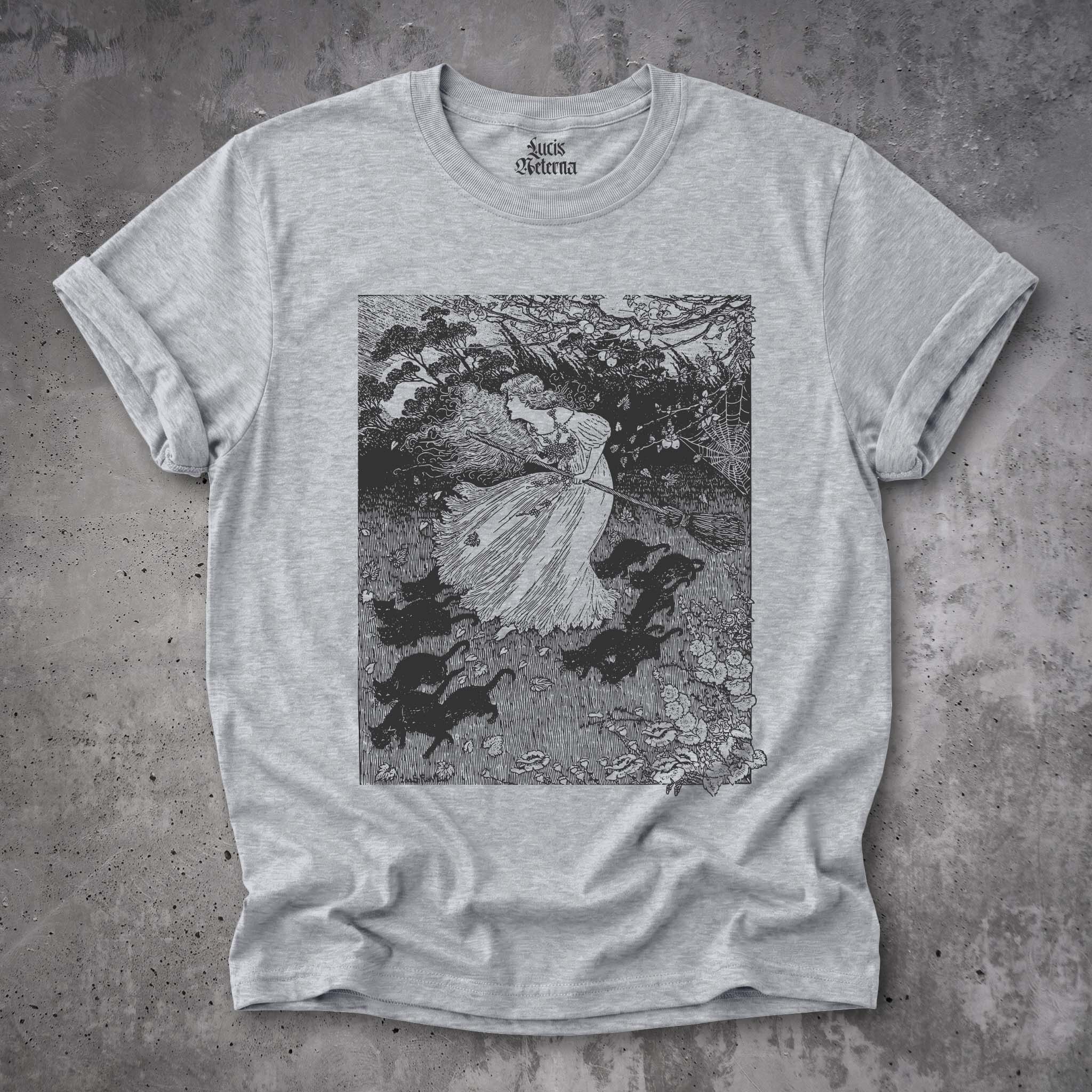 Witch And Cats Vintage Ida Outhwaite Woodcut Unisex T-shirt - Image 7