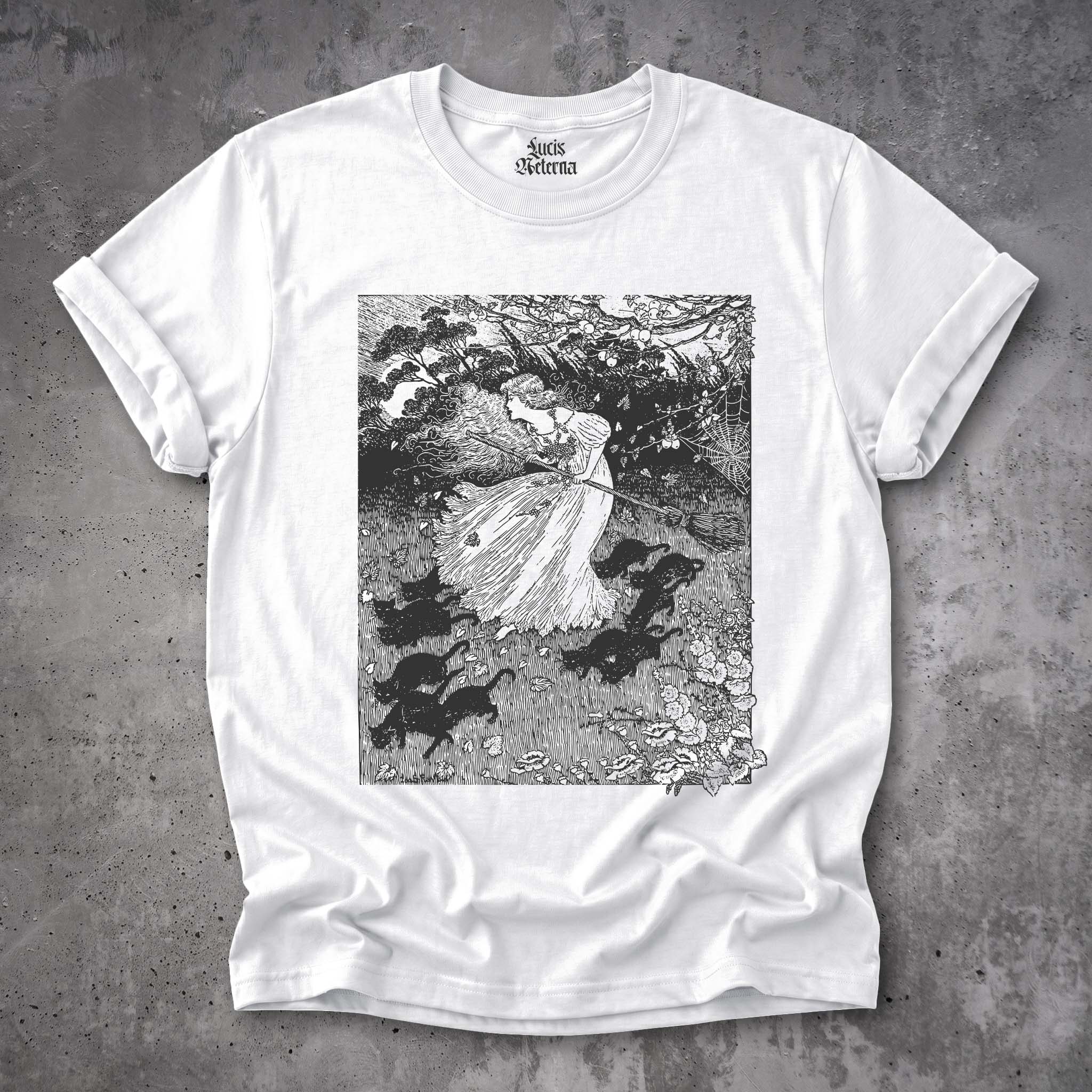 Witch And Cats Vintage Ida Outhwaite Woodcut Unisex T-shirt - Image 8
