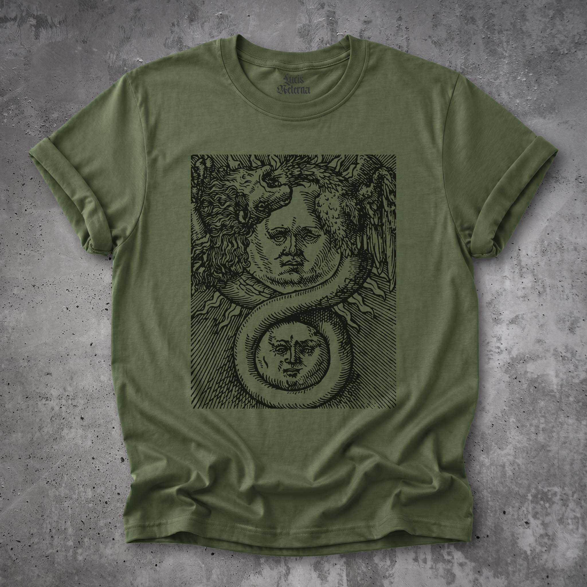Ouroboros Shirt | Hermetic Sun and Moon Alchemy Art Tee | Basil Valentine's Azoth (1613) - Unisex T-shirt - Image 3